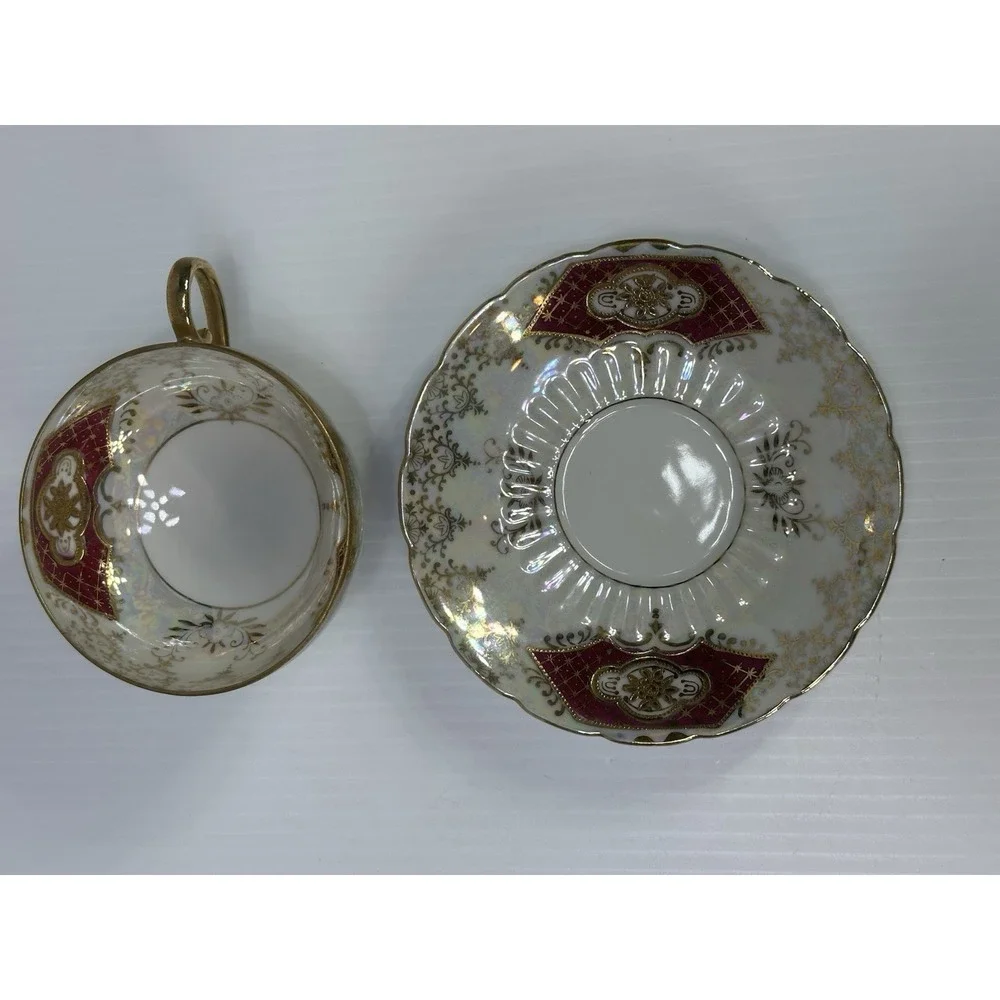 VTG Royal Sealy‎ China Japan Footed Teacup & Saucer Lustreware Red Gold White 2